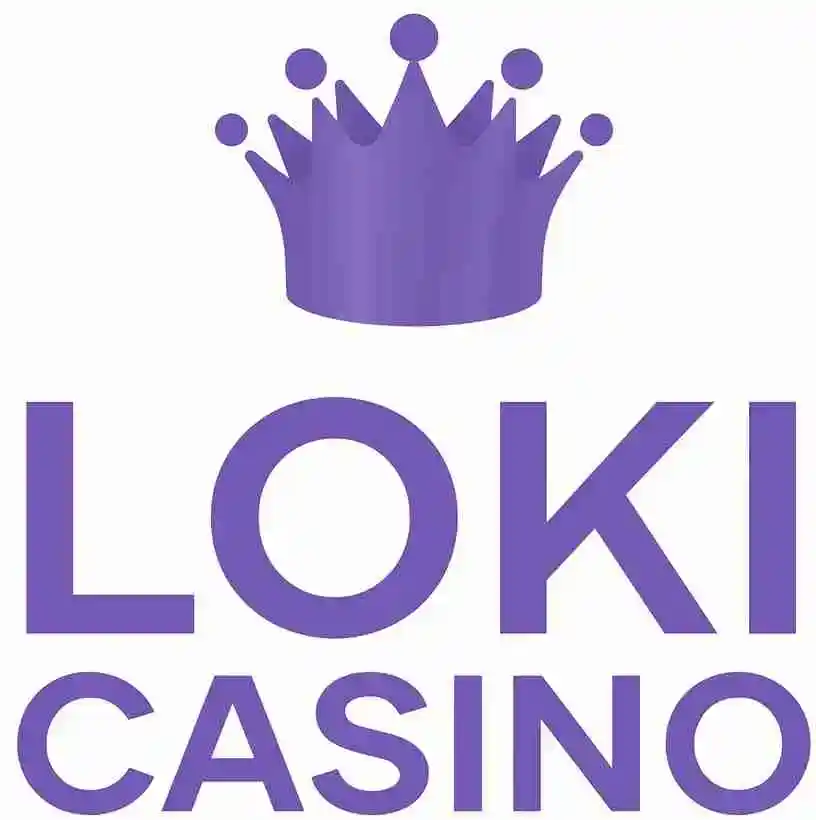 Logotipo de Loki Casino con corona violeta y texto en negrita sobre fondo blanco.